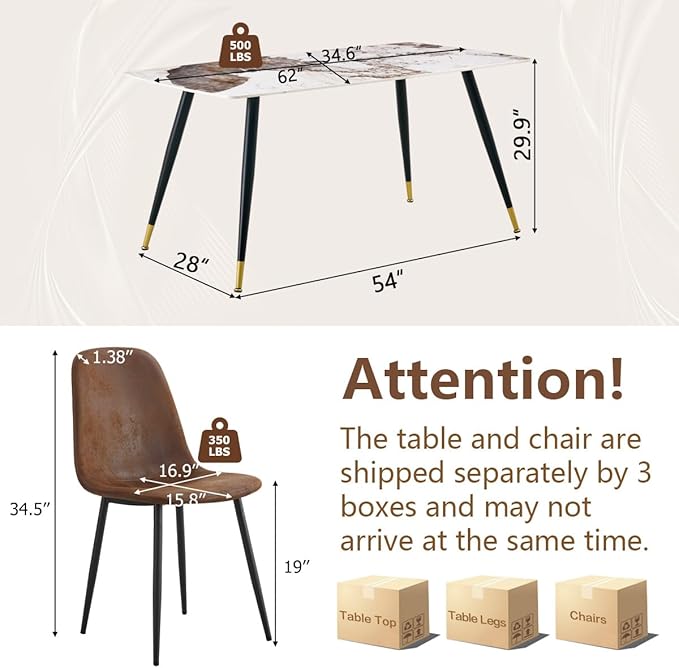 Table and Chairs Set of 4, Dining Room Table Set for 4, Sintered Stone Kitchen Table Top and Modern Chairs Set of 4 for Kitchen Dining Room