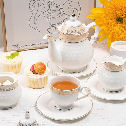 Sweejar 21 Pieces Porcelain Tea Set, Vintage Gold Trimmed Teapot Cup and Saucer - Image 2