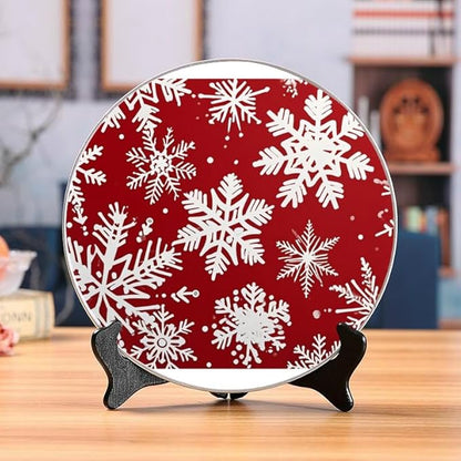 10 Inch Holiday Snowflakes red Decorative Ceramic Plates with Display Stand Perfect for Office Wall Hanging DP-320284149