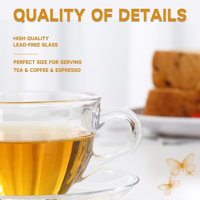 Glass Teacup and Saucer Set, 6 Pack Coffee Mug - Image 8
