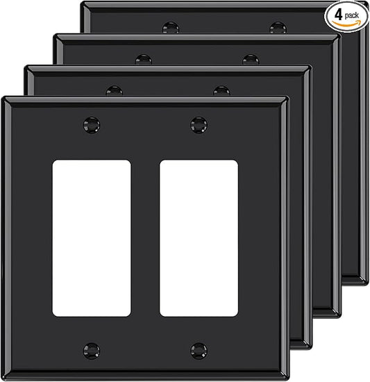 AIDA 2-Gang Decorative Wall Plates, 4.88" H x 4.94" L - Unbreakable Thermoplastic Faceplate Cover for Outlets and Switches, UL Listed - (4 Pack, Glossy Black)