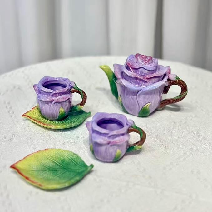 Ceramic Rose Tea Pot Set, 3D Hand-painted Rose Flower Cup and Green Leaves - Image 2