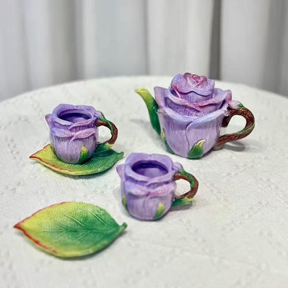 Ceramic Rose Tea Pot Set, 3D Hand-painted Rose Flower Cup and Green Leaves - Image 2