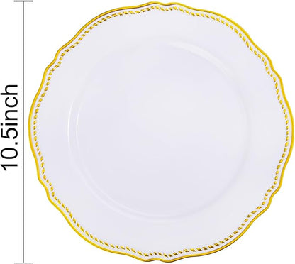 Hioasis 60pcs Gold Plastic Plates - White and Gold Disposable Dinnerware with Gold Rim, Heavy-duty, 10.25 inch, Dinner Plates for Party & Wedding