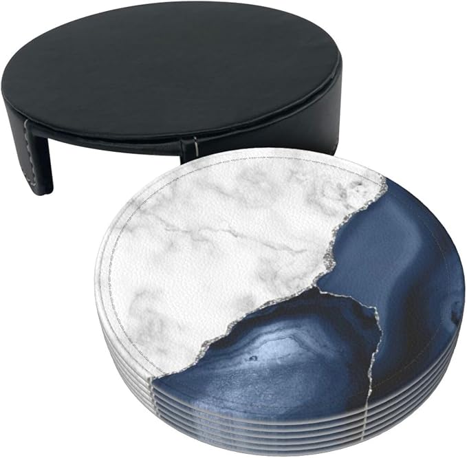 6 Pcs White Navy Blue Silver Marble Leather Coasters - Image 4