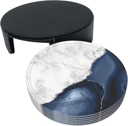 6 Pcs White Navy Blue Silver Marble Leather Coasters - Image 4