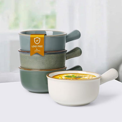 MONITO 16 Oz French Onion Soup Bowls, Ceramic Soup Bowls with Handles, Stackable Soup Crocks Oven Safe for Chili, Beef Stew, Cereal,Casseroles Microwave & Dishwasher Safe, Set of 4