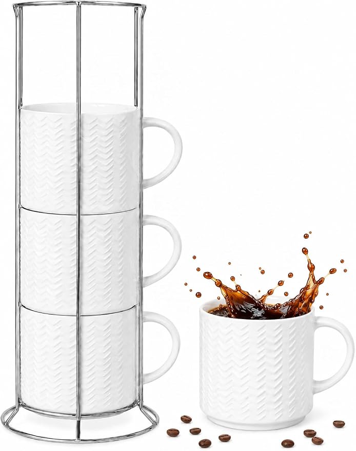 HASENSE Coffee Mugs 12 OZ Ceramic Cups Set of 4, Stackable Embossed Coffee Cups by Hasense
