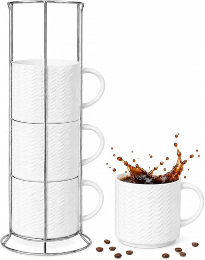 HASENSE Coffee Mugs 12 OZ Ceramic Cups Set of 4, Stackable Embossed Coffee Cups by Hasense