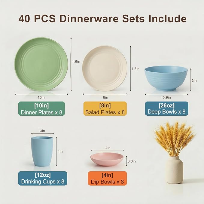 Plates and Bowls Sets 40 Piece, Wheat Straw Dinnerware Sets - Image 2