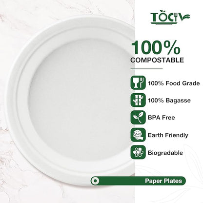 Compostable Paper Plates 250 Count 9in & 6in Disposable Dinner Dessert Salad Plates Heavy Duty Party Supplies for Birthday Holiday White