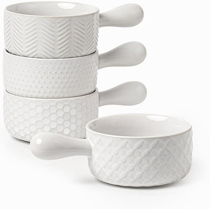 20oz Ceramic Soup Bowls with Handle, Set of 4,Textured Embossed Stoneware for Chili, Stew, Cereal,Microwave & Dishwasher Safe, Rustic Dinner Bowls for Home Kitchen