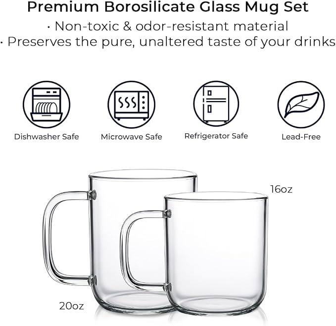 Aquach 20oz Glass Coffee Mugs Set of 2, Borosilicate Glass, Single-walled - Image 6