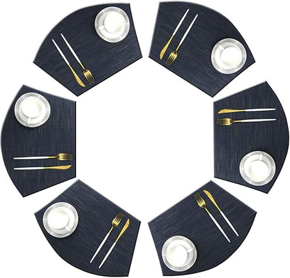 Wedge Placemats for Round Table Woven Vinyl Heat Resistant Washble Easy Clean Table Mats Set of 6（Navy）