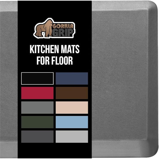 GORILLA GRIP Comfortable Cushioned Kitchen Mats for Floor, 48x20, Waterproof and Stain Resistant Soft Top, 3/4 Inch Thick Ergonomic Standing Desk Anti Fatigue Mat, Foam Supports Ankles and Feet, Grey