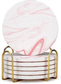 Cute Pink Marble Coasters Set of 6 Pack Stone Coffee Table Decor Absorbent Ceramic Cup Coaster with Holder Decorative Tea Bar Accessories Gift Kitchen Desk Coster Drink Modern Funny Aesthetic Coasters