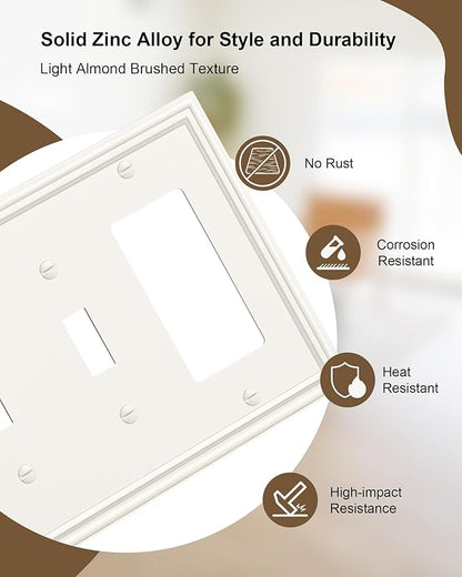 2-Pack Combo Double Toggle/Single Decorator Outlet Cover Plate, Zinc Alloy Decorative Light Almond 4 Gang Switch Plates for Electrical Outlets, Receptacle, GFCI Outlet, Dimmer Switch