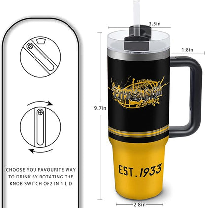 Pittsburgh 30 oz Tumbler with Handle and Straw,Car cup,Coffee Mug,100% Leakproof Insulated Tumbler with Lid and Straw,Made of Stainless Steel,Cup Holder Friendly Base,Classic Collection Gifts for Fans