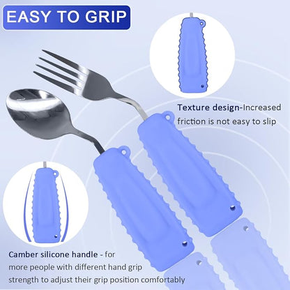 Adaptive Utensils,Curved Angled Spoon and Fork Set,for Tremors Parkinsons Limited or Elderly,Lightweight Cutlery with Non-Slip Easy Grip Handles (Right Hand Spoon and Fork Set,Pack of 2,Purple)