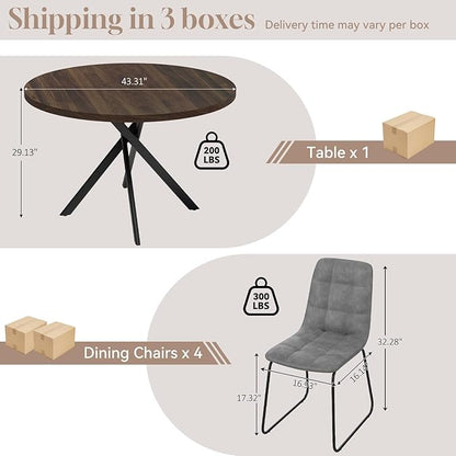 44" Round Dining Table with Cozy Chair Set for 4, Modern Mid-Century Dining Table Set of 4, Dinette Sets with Metal Leg for Kitchen Dining Room Apartment(Walnut Table + Gray Chairs)