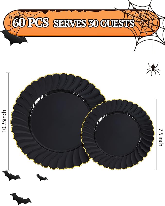 YOUBET 60PCS Black Scalloped Plastic Plates - Image 2