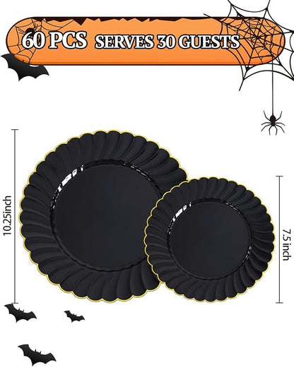 YOUBET 60PCS Black Scalloped Plastic Plates - Image 2