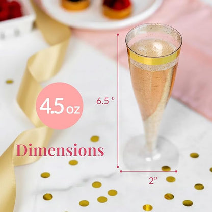 Prestee 48 Disposable Plastic Champagne Flutes With Gold Rim Glitter - Clear Toasting Glasses for Mimosa, New Year’s Eve Party, and Elegant Celebrations - Premium Quality Disposable Stemware