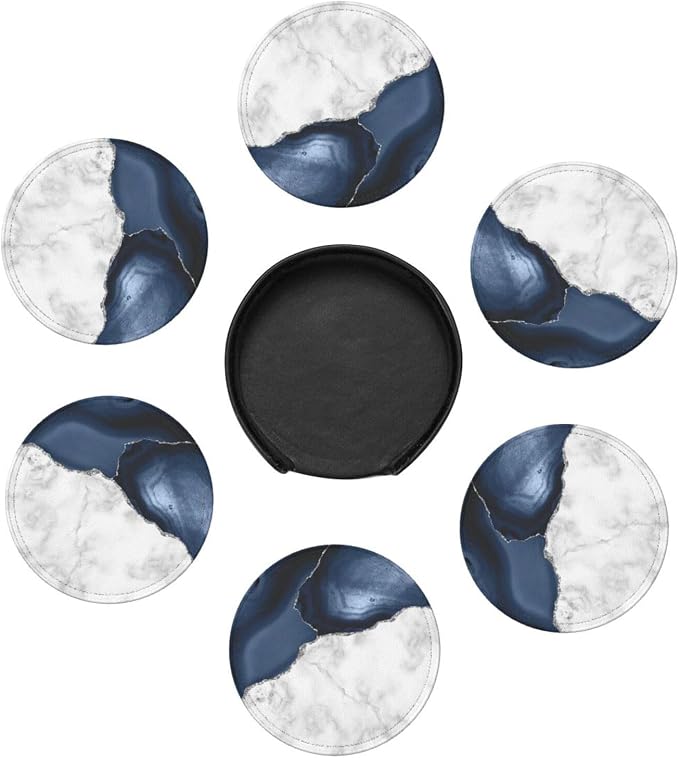 6 Pcs White Navy Blue Silver Marble Leather Coasters - Image 7