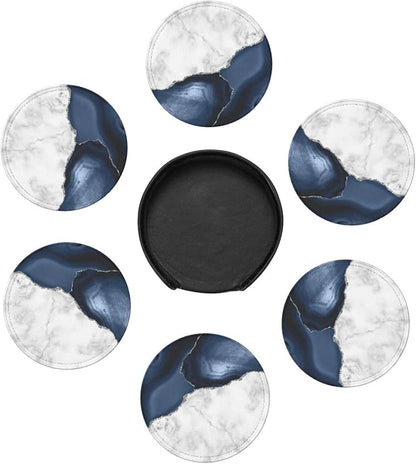 6 Pcs White Navy Blue Silver Marble Leather Coasters - Image 7