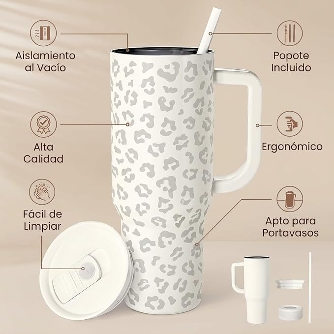 SANDJEST Leopard Tumbler with Handle, Insulated Cup Stainless Steel Travel Mug - Image 2
