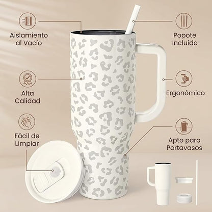 SANDJEST Leopard Tumbler with Handle, Insulated Cup Stainless Steel Travel Mug - Image 2