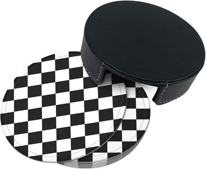 Drink Coasters with Holder Stand Set of 6 Black and White Checkerboard Pu - Image 7