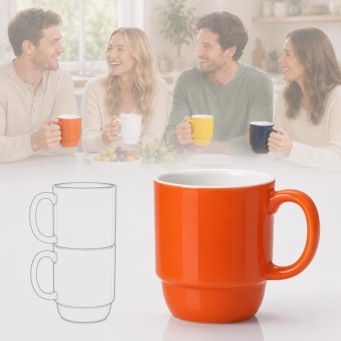 Stackable Porcelain Coffee Mug Set of 4 – 16oz Large Handle, Space-Saving by Unknown