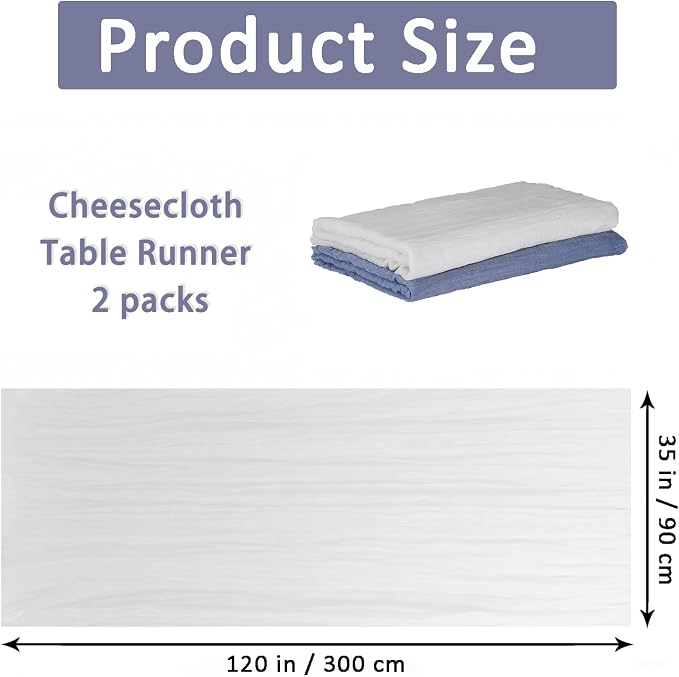 Cheesecloth Table Runner 2 Pack White and Dusty Blue, Boho Gauze Table Runner - Image 2