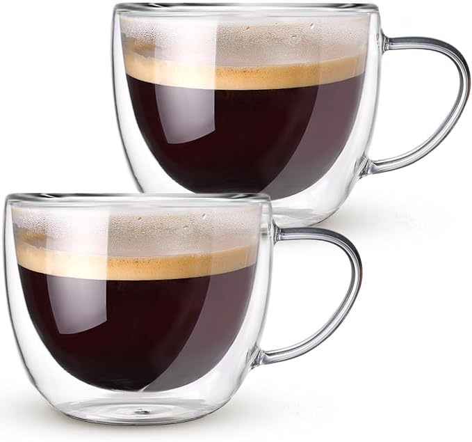 Double Walled Glass Coffee Mugs Set of 2, 8 oz Hand Blown Insulated mugs by Hlukana