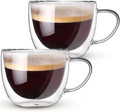 Double Walled Glass Coffee Mugs Set of 2, 8 oz Hand Blown Insulated mugs by Hlukana