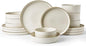 Famiware Star Dinnerware Set with Pasta Bowls, Service for 4 (16pcs), Ribbed Stoneware Plates and Bowls Dishes Sets with Trim - Chip & Scratch Resistant, Microwave & Dishwasher Safe, White