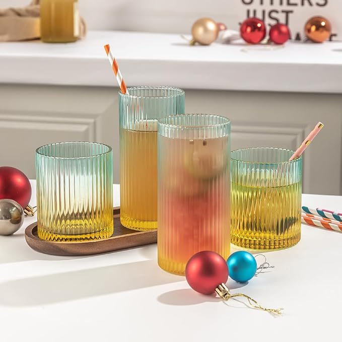 Ribbed Drinking Glasses 8pcs, 12oz and 10oz Glassware, Tumbler Glasses Cup Set - Image 2