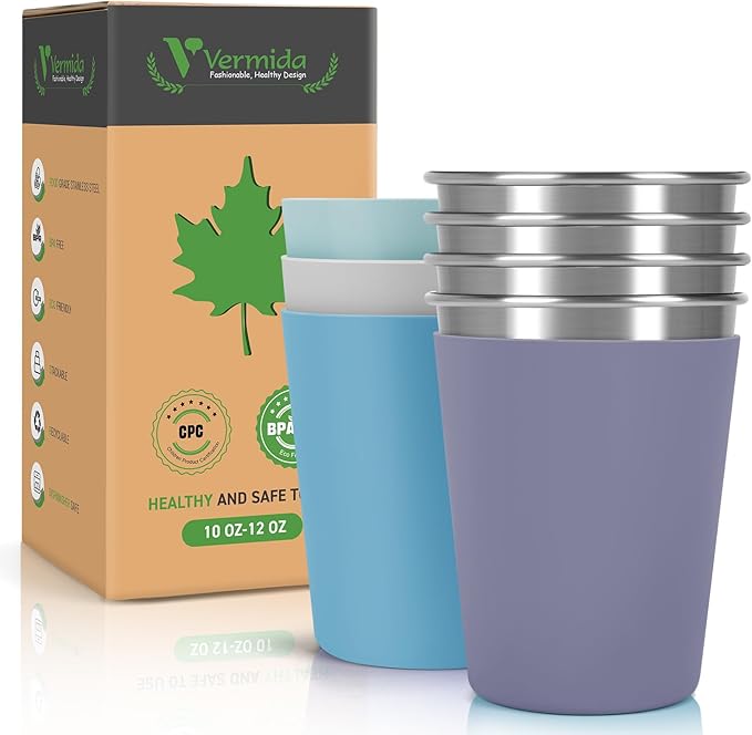 Stainless Steel Cups for Kids and Toddlers, 12oz Stackable Stainless Steel Kids by Vermida