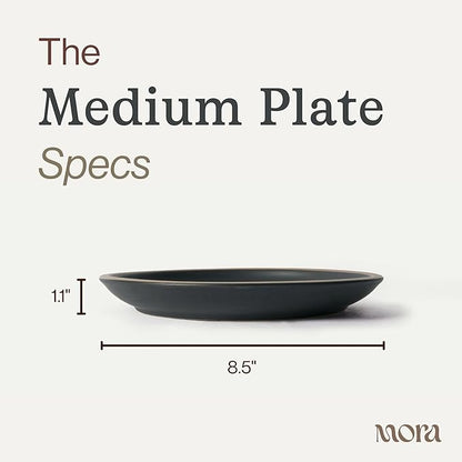 MORA Medium Plates Set of 4, 8.5 inch Ceramic Pottery Salad Plates - Microwave, Oven and Dishwasher Safe - Liquorice