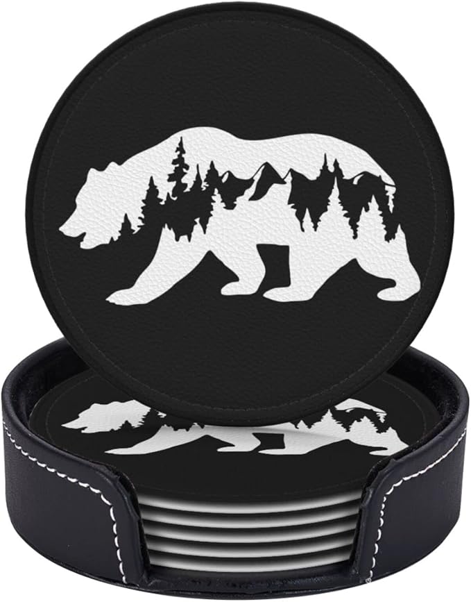 6 Pcs Hiking Bear Mountains Camper Leather Coasters - Image 2