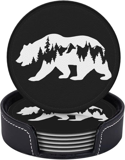 6 Pcs Hiking Bear Mountains Camper Leather Coasters - Image 2