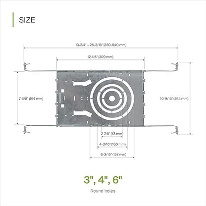 ASD New Construction Mounting Plate with Round Holes - 3/4/6 Inch Adjustable LED Recessed Lighting Housing with Extendable Hanger Bars, Shallow Wafer Light Bracket, Mounting Kit with Notches, 6 Pack