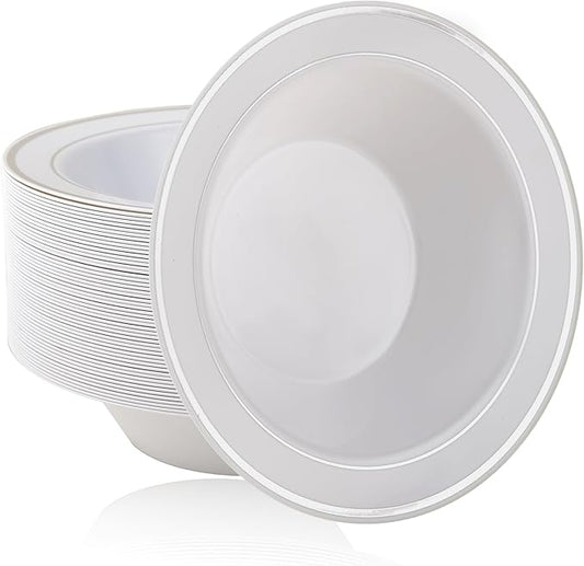 JOLLY PARTY 100PCS Plastic Bowls with Silver Rim-12oz Disposable Soup Bowls, Christmas Thanksgiving Premium Heavy Duty Plastic Dessert Bowls for Wedding/Party, Silver