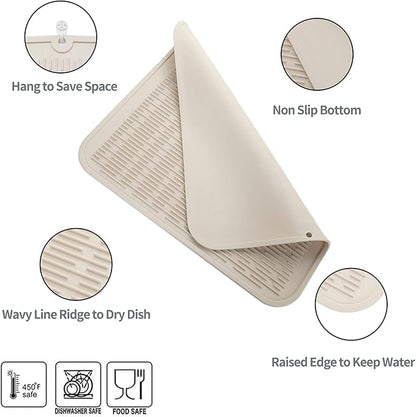 Silicone Dish Drying Mat for Multiple Usage,Easy clean,Eco-friendly,Heat-resistant Silicone Mat for Kitchen Counter or Sink,Refrigerator or Drawer Liner Tapioca XL 18 inches x 16 inches