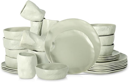 Stone by Mercer Project Atik Modern Stoneware 32-Piece Dinnerware Set, Plate and Bowl Set, Dish set for 8, Sage-Grey