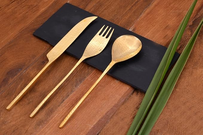 DeKulture Handmade Pure Brass 3 Pieces Cutlery Set Premium Deluxe Tableware - Image 6