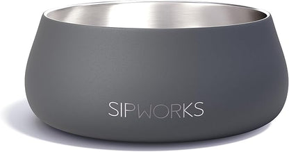 Sipworks Stainless Steel Dog Bowl – 32oz Weighted Metal Food and Water Bowls for Dogs and Cats with Non-Slip Base - Pet Bowls for All Breeds Sizes for Travel & Outdoor Play | Iron Smoke