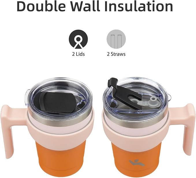 Konokyo 10 oz Tumbler with Handle and Straw, Insulated Travel Mug | Coral; - Image 3
