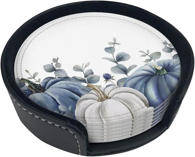 6 Pcs Blue White Pumpkins Leather Coasters - Image 2